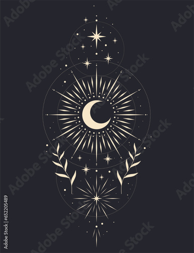 Mystical drawing of the sun , tarot cards, boho illustration, magic card. Vector hand drawing