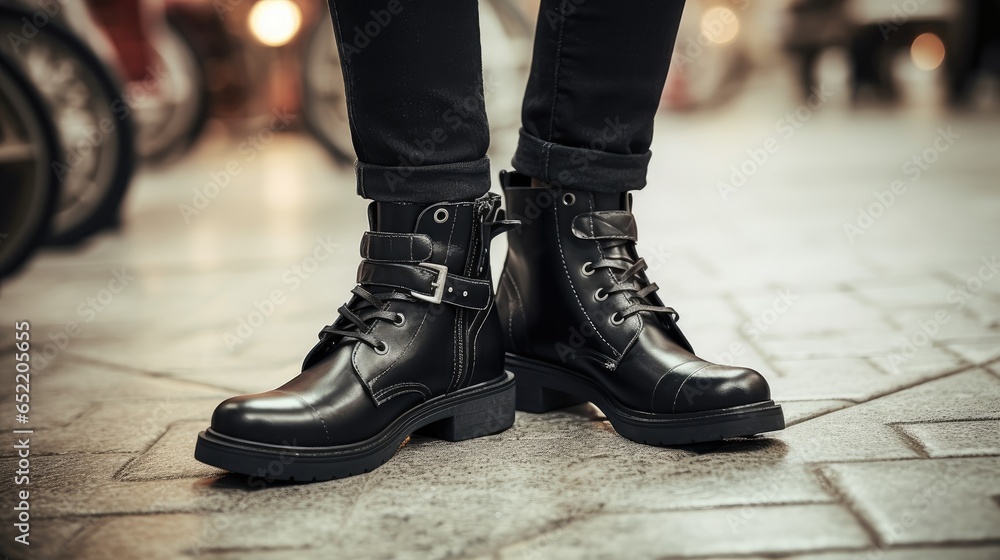 a fashionable close-up of a woman's legs in trendy leather boots. Embrace the seasonal collection in modern elegance. a fashionable close-up of a woman's legs in trendy leather boots. Embrace the seasonal collection in modern elegance.