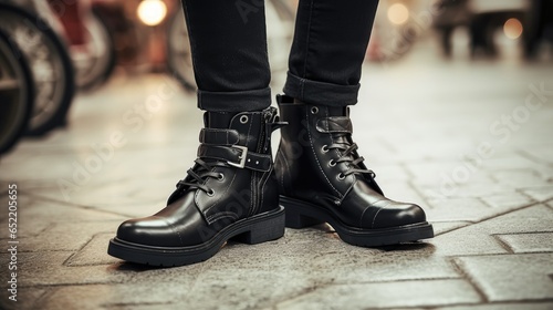 a fashionable close-up of a woman's legs in trendy leather boots. Embrace the seasonal collection in modern elegance.