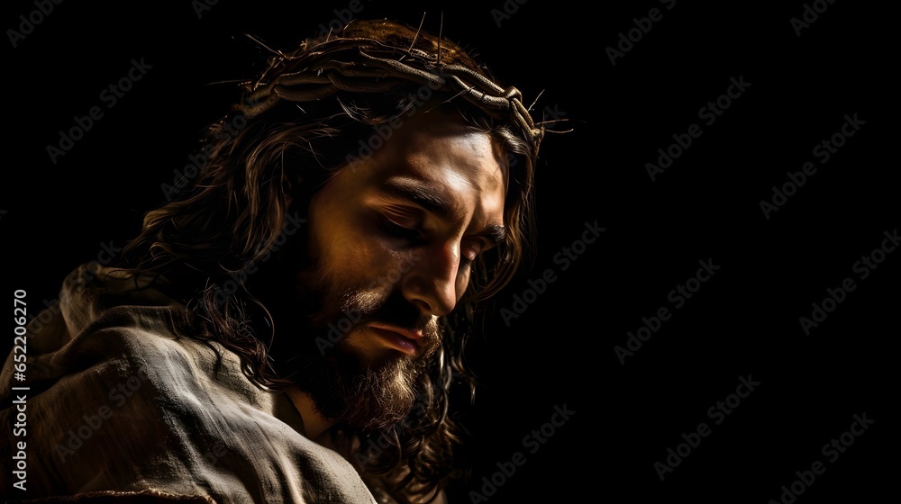 Portrait of Jesus Christ with crown of thorns on black background Portrait of Jesus Christ with crown of thorns on black background