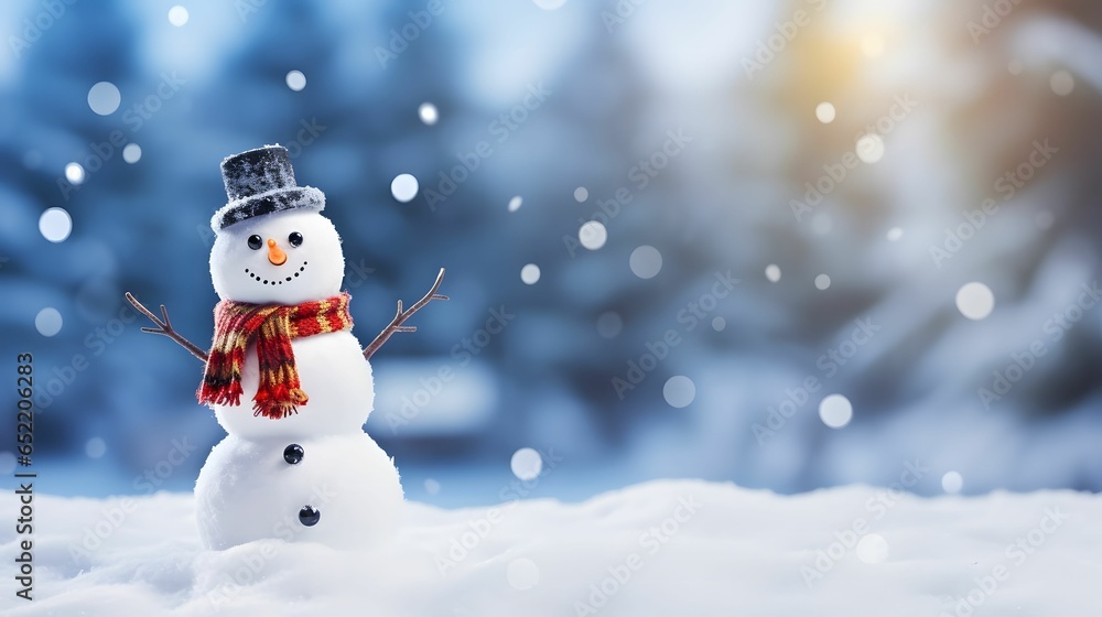 Fototapeta premium Snowman with red scarf and hat on snowy background. Christmas greeting card.