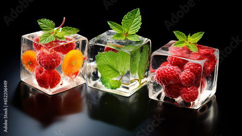 ice cubes with fruits inside and mint sprigs photo