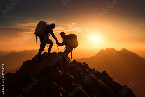 silhuette of hikers climbing the mountaine one is helping the other reach the top © World of AI