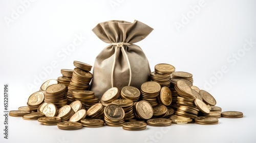 financial success with money bags filled with coins on a clean white background. Convey the concept of wealth and abundance.