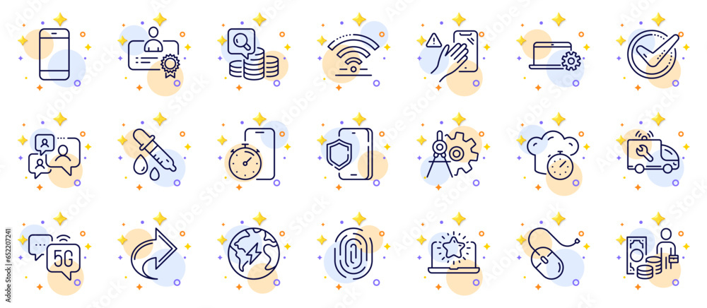 Outline set of Notebook service, Fingerprint and Certificate line icons for web app. Include Cogwheel dividers, Smartphone, Confirmed pictogram icons. Inspect, Computer mouse. Vector Outline set of Notebook service, Fingerprint and Certificate line icons for web app. Include Cogwheel dividers, Smartphone, Confirmed pictogram icons. Inspect, Computer mouse. Vector