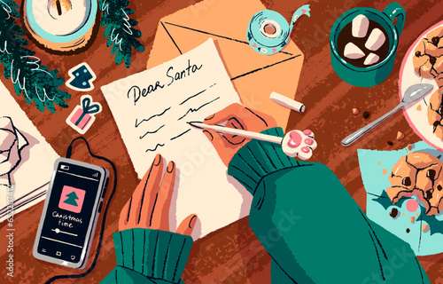 People write paper letter to Santa Claus. Hands with cute pen, xmas decor, mail envelope on table top view. Note with wishes, presents for the New Year. Christmas time. Flat vector illustration