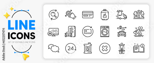 Credit card, Delivery notification and Report statistics line icons set for app include Renew card, Manual, Touchscreen gesture outline thin icon. 24 hours, Winner podium. Vector