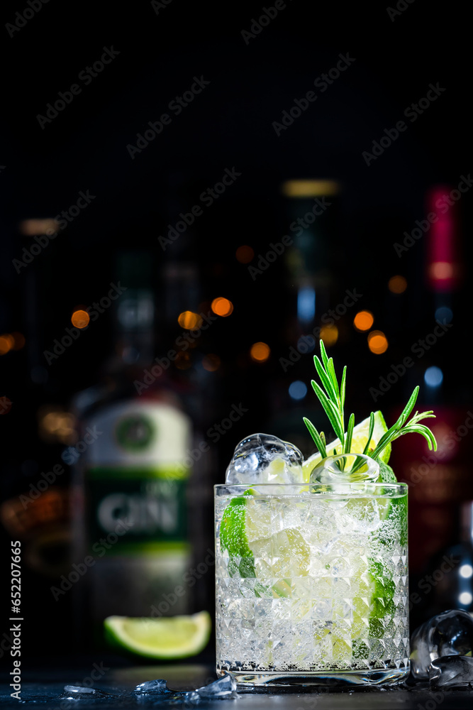 Gin fizz cocktail drink with dry gin, lime juice, sugar syrup, soda