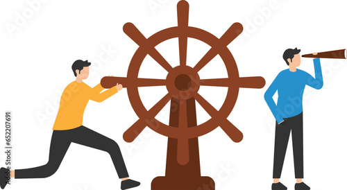 Business leadership and visionary to lead company success, Career direction or work achievement, Captain control steering wheel with telescope vision

