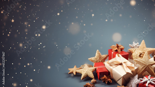 Christmas background with patterns of gifts and decorative objects