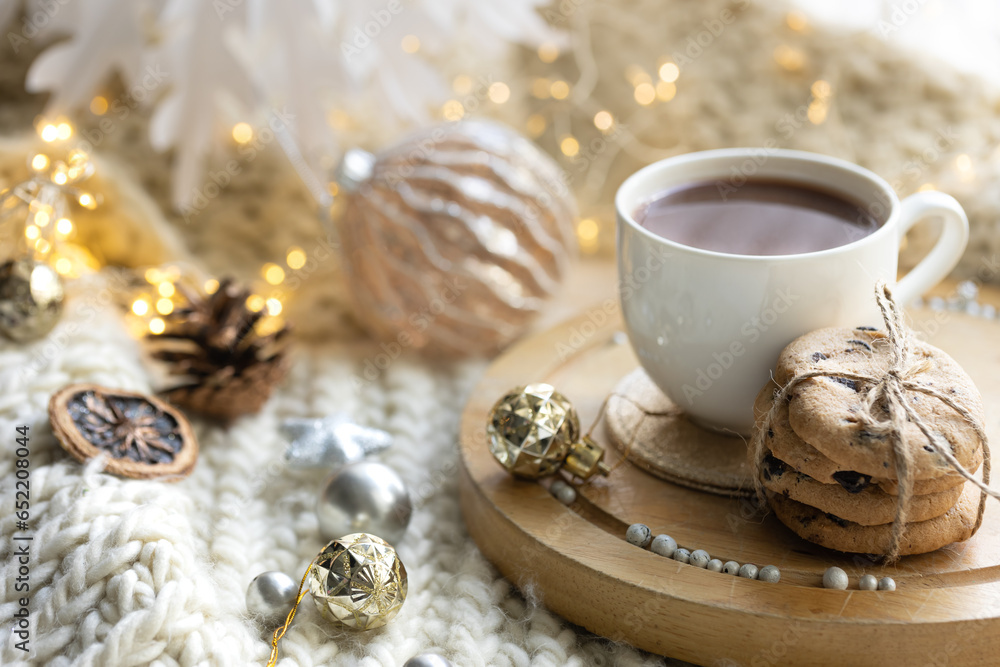 Winter composition with a cup of cocoa and chocolate cookies. Winter composition with a cup of cocoa and chocolate cookies.