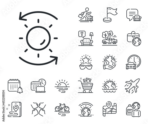 Uv protect sign. Plane jet, travel map and baggage claim outline icons. Sun protection line icon. Sunscreen effect symbol. Sun protection line sign. Car rental, taxi transport icon. Vector