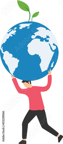 Climate change and global warming responsibility, world leader commitment to take care our planet earth, Carrying green globe with seedling plant on his shoulder


