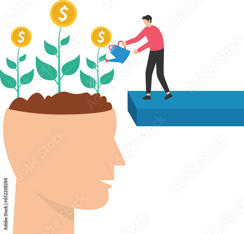 Financial mindset for investors to grow profit, Rich mindset or knowledge to grow business, Psychology or knowledge for investment, Watering plant with money from human head

