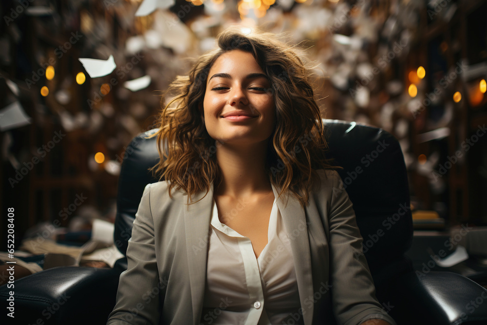 Beautiful happy business woman celebrating success and satisfaction at work in office - Generative AI