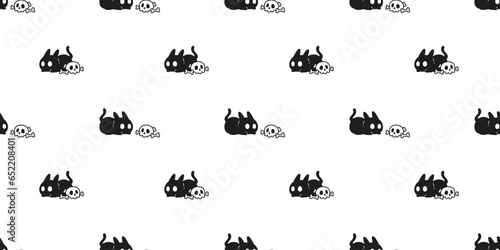 cat seamless pattern halloween skull crossbones pumpkin jack o lantern black kitten cartoon neko calico spooky ghost vector pet breed doodle gift wrapping paper tile background repeat wallpaper illust