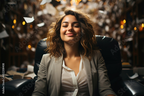 Beautiful happy business woman celebrating success and satisfaction at work in office - Generative AI © Davide Angelini