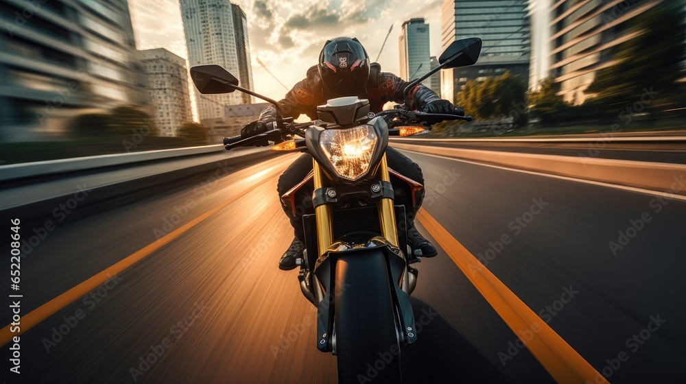 rush as bikers on a motorcycle blur down the asphalt road.