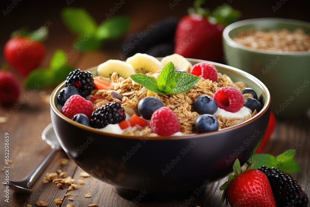 Fruitful Start to Your Day: Indulge in a Bowl of Granola Teeming with Colorful Fruits Fruitful Start to Your Day: Indulge in a Bowl of Granola Teeming with Colorful Fruits