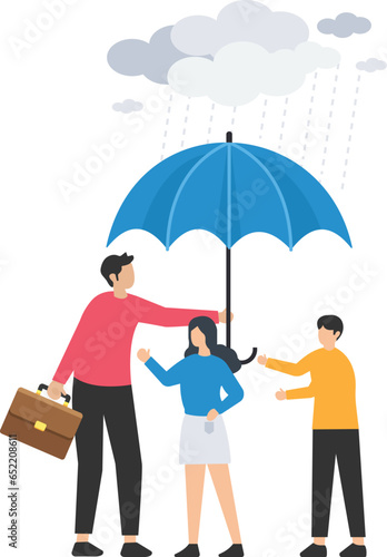 Altruism, selfless principle for leadership to protect team and success together, Gentleman or team support and caring, respect or empathy, Businessman offer umbrellas to protect 

