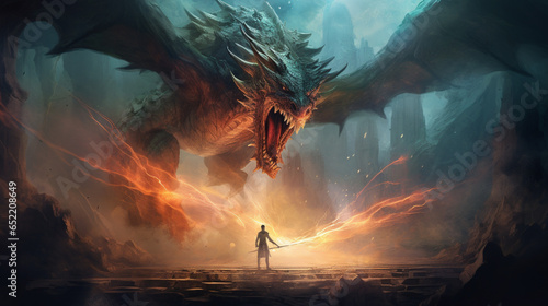 a big dragon with fire flying in the sky under this their is person who control the dragon.