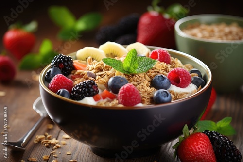 Fruitful Start to Your Day: Indulge in a Bowl of Granola Teeming with Colorful Fruits
