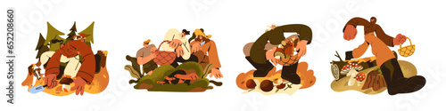 People collect edible mushrooms in forest. Family gather chanterelle in basket. Mushroomer in rubber boots walking in wood, pick boletus. Autumn nature flat isolated vector illustration on white