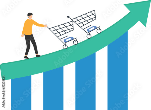 Increase sales or profit, Purchasing power growth or consumer spending more money, Marketing strategy concept, Push role of shopping cart trolley up rising arrow

