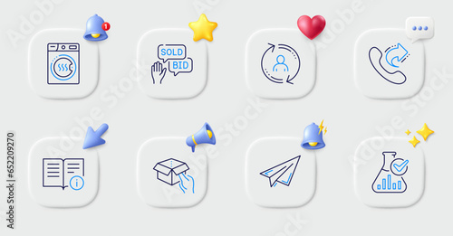 Paper plane, Dryer machine and Share call line icons. Buttons with 3d bell, chat speech, cursor. Pack of User info, Hold box, Bid offer icon. Technical info, Chemistry lab pictogram. Vector photo