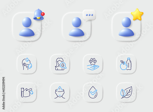 Mental health, Blood donation and Leaf line icons. Placeholder with 3d star, reminder bell, chat. Pack of Sick man, Healthy food, Moisturizing cream icon. Vector