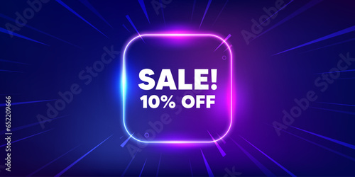 Sale 10 percent off discount. Neon light frame box banner. Promotion price offer sign. Retail badge symbol. Sale neon light frame message. Vector
