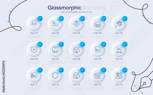 Set of Thermometer, Face recognition and Sick man line icons for web app. Vision board, Skin cream, Skin moisture icons. 24 hours, Medical mask, Patient signs. Coronavirus vaccine. Vector