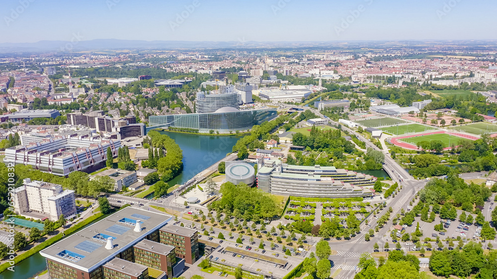 Strasbourg, France. The complex of buildings is the European Parliament, the European Court of Human Rights, the Palace of Europe, Aerial View