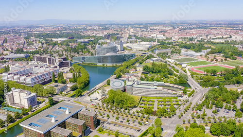 Strasbourg, France. The complex of buildings is the European Parliament, the European Court of Human Rights, the Palace of Europe, Aerial View © nikitamaykov