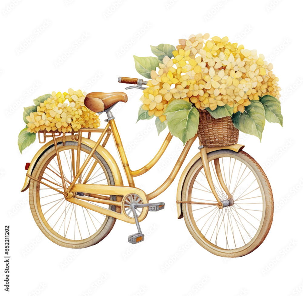 Watercolor illustration of a spring bike with flowers. Generative AI, png image.