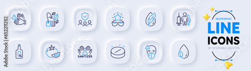 Clean hands, Tomato and Dont touch line icons for web app. Pack of Medical tablet, Alcohol free, Mint bag pictogram icons. Medical vaccination, Hypoallergenic tested, Leaf dew signs. Vector