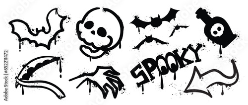 Set of graffiti spray pattern. Collection of halloween symbol, ghost, bat, skull, arrow, poison with spray texture. Elements on white background for sticker, banner, decoration, street art, halloween. photo
