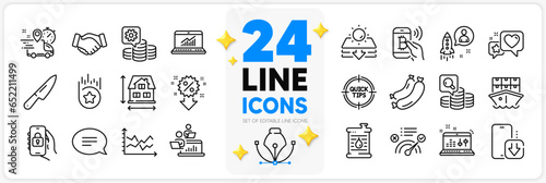 Icons set of Chat, Tips and Phone download line icons pack for app with Discount, Express delivery, Teamwork thin outline icon. Oil barrel, Heart, Inspect pictogram. Locked app. Vector