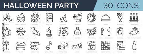 Set of 30 outline icons related to halloween party. Linear icon collection. Editable stroke. Vector illustration