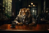 Angry tiger in business suit in modern office.