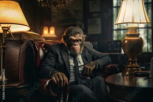 Angry monkey boss in business suit sitting in armchair.