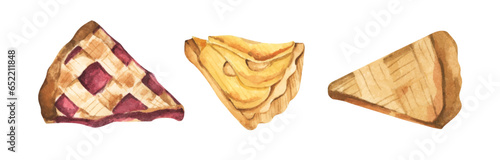 Watercolor painting of dessert pie set. Delectable dessert illustrations for all your design needs.