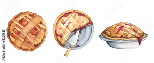 Watercolor painting of dessert pie set.