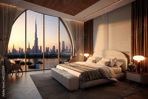 Fotografia Contemporary and opulent bedroom offers views of skyline ,Generative AI