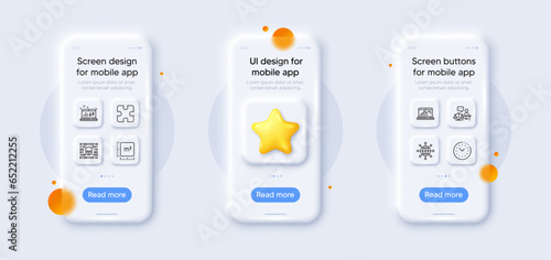 Time management, Sound check and International globe line icons pack. 3d phone mockups with star. Glass smartphone screen. Court judge, Graph laptop, Square meter web icon. Vector