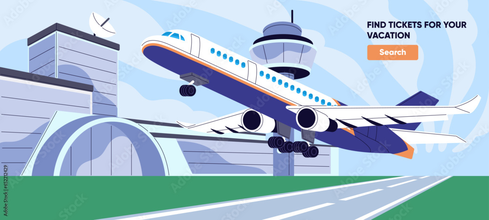 Airplane coming in for landing on runway. Arrival aircraft on airstrip. Airliner takeoff from airfield. Airport tower, terminal building background. Plane travel banner. Flat vector illustration