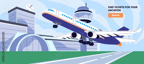 Airplane coming in for landing on runway. Arrival aircraft on airstrip. Airliner takeoff from airfield. Airport tower, terminal building background. Plane travel banner. Flat vector illustration