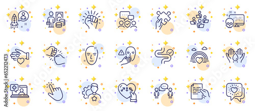 Outline set of Cursor, Digestion and Money profit line icons for web app. Include Consulting business, Teamwork, Fist bump pictogram icons. Medical help, Hold document, Volunteer signs. Vector