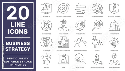 Business Strategy and Management icons set. Thin Line Set contains Vision, Mission, Values, Strategy, Rating, Human Resource, Roadmap, Experience and more. Editable Stroke. EPS 10