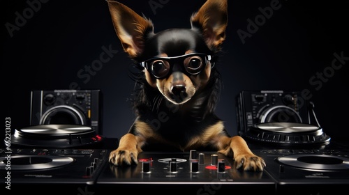 dog DJ, a Russian toy-terrier, spinning beats and spreading musical joy. Sell the fun of a furry DJ.